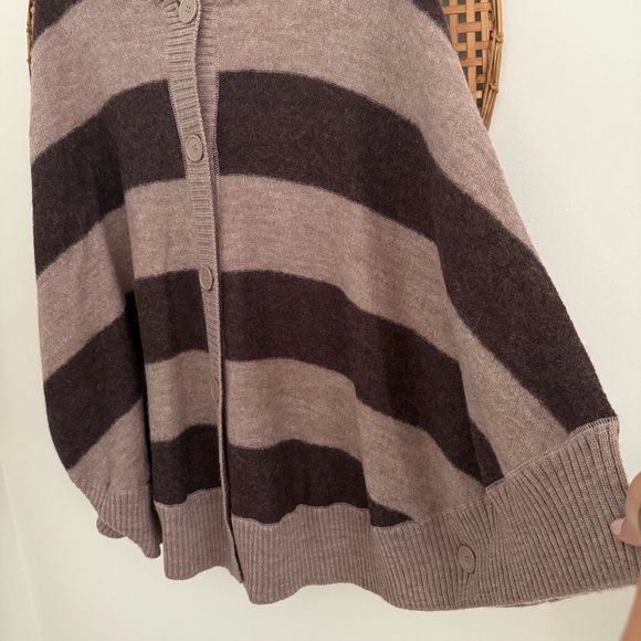 Marina Luna Women’s Wool Hooded Sweater Poncho Brown Beige Stripe Button XL - Picture 3 of 5